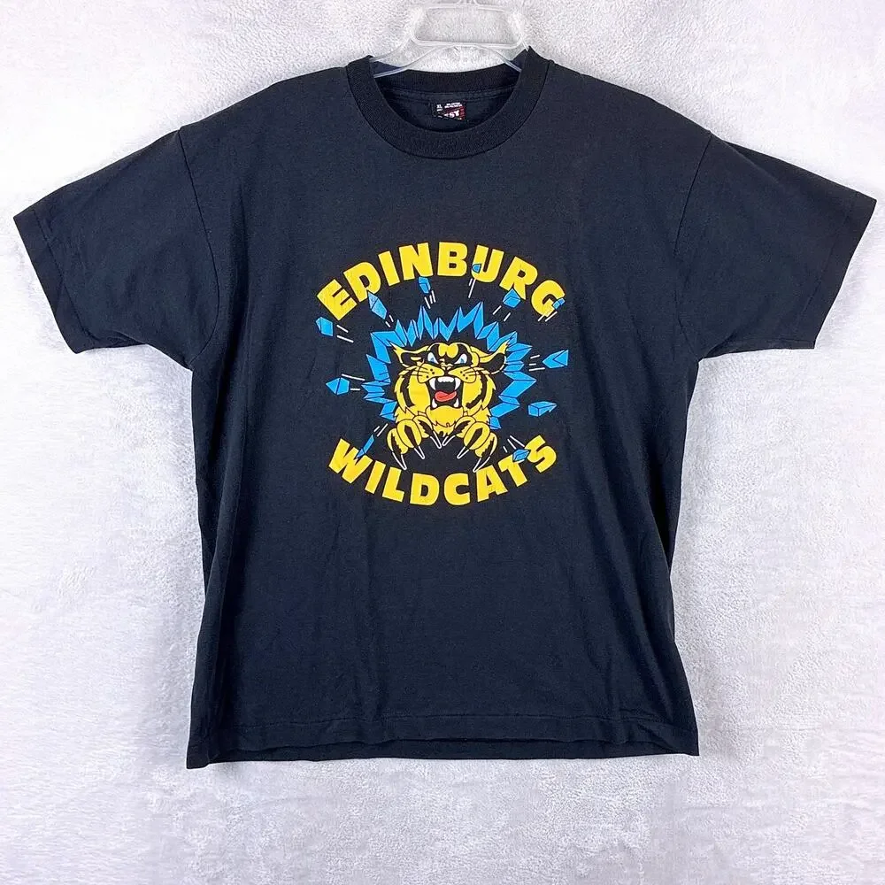 VTG Besy Edinburg Wildcats Tshirt Mens XL Black Yellow Single Stitch 80s USA